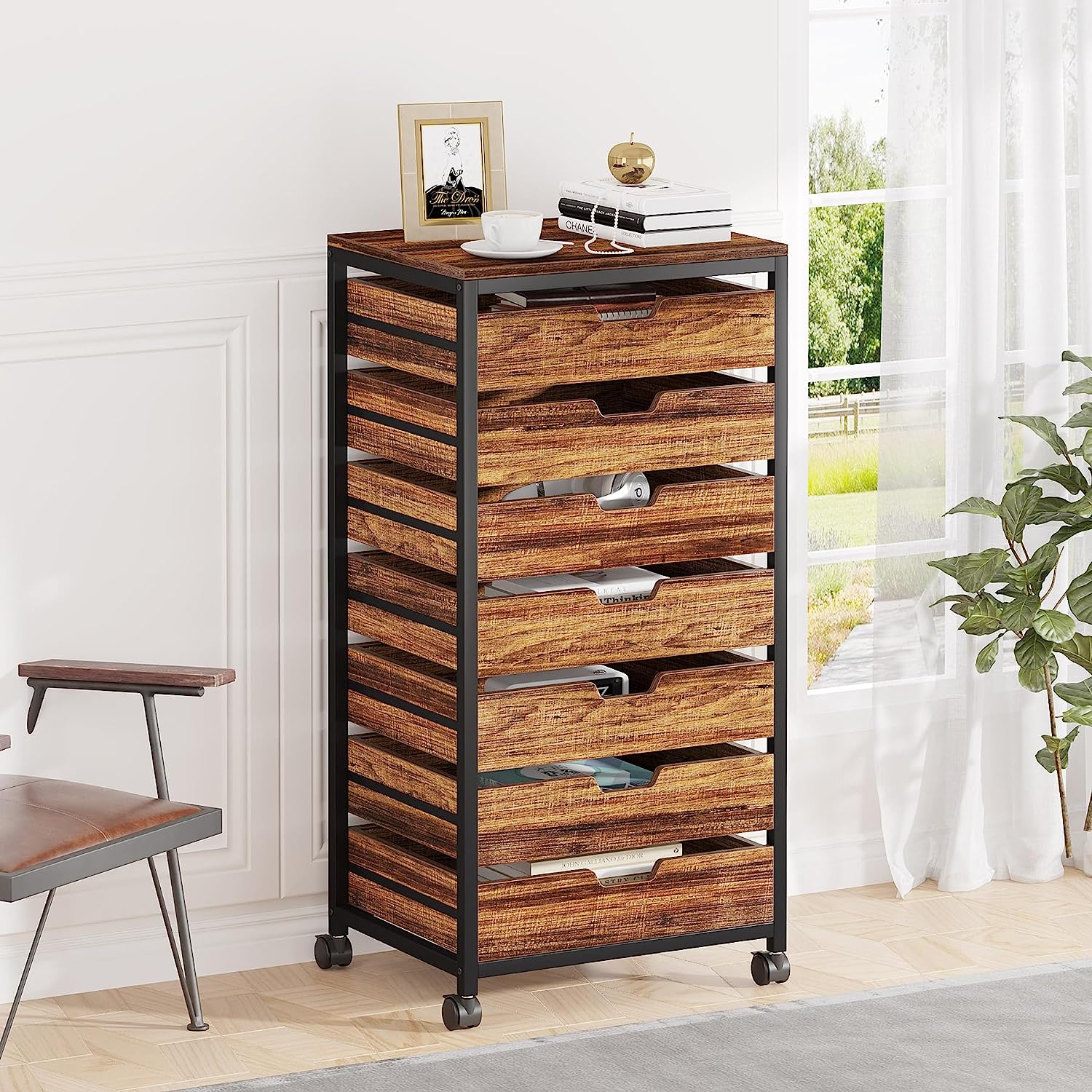 5/7 Drawer Chest, Wood Storage Dresser Cabinet with Wheels Tribesigns